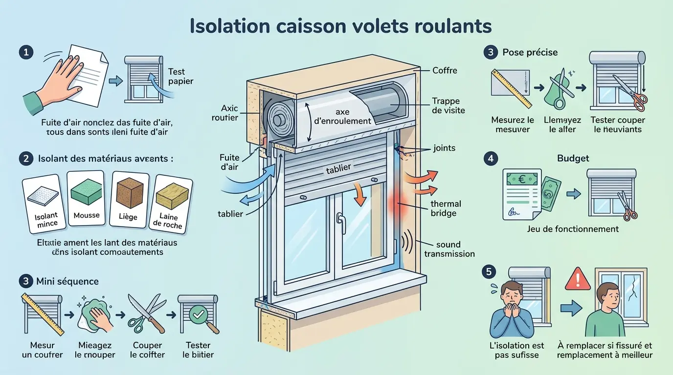 Infographie éducative sur l'isolation caisson volets roulants, illustrant mécanismes, fuites d'air et solutions d'isolation.