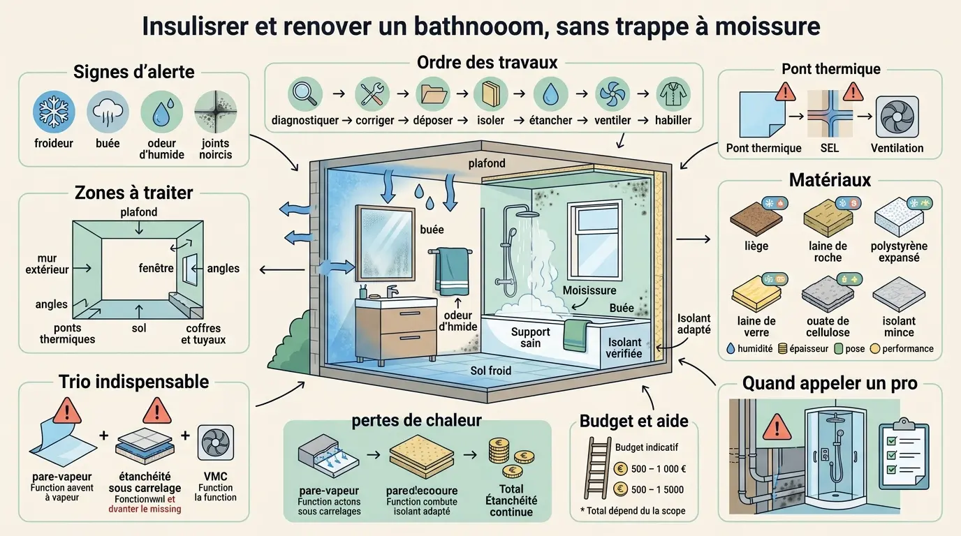Infographie éducative sur l'isolation de salle de bain, montrant les étapes, matériaux et signes d'alerte pour éviter l'humidité.