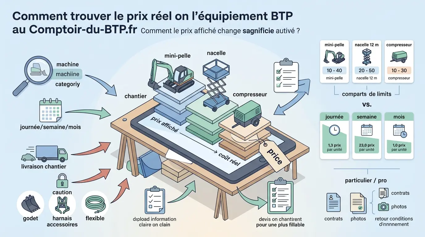 Infographie éducative sur la location materiel comptoir-du-btp.fr prix, illustrant les facteurs influençant le coût réel.