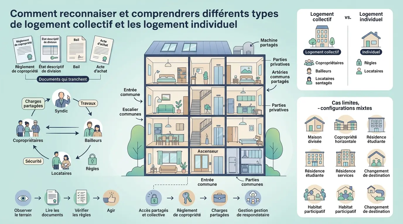 Infographie éducative illustrant le logement collectif, ses caractéristiques, et la distinction avec le logement individuel.