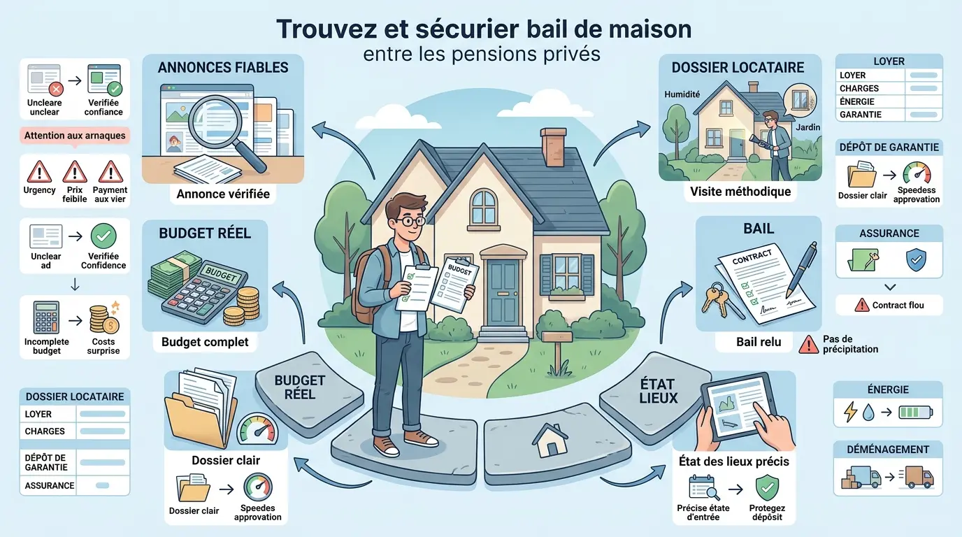 Infographie sur le processus pour louer maison particulier, illustrant les étapes clés de la recherche à la signature.