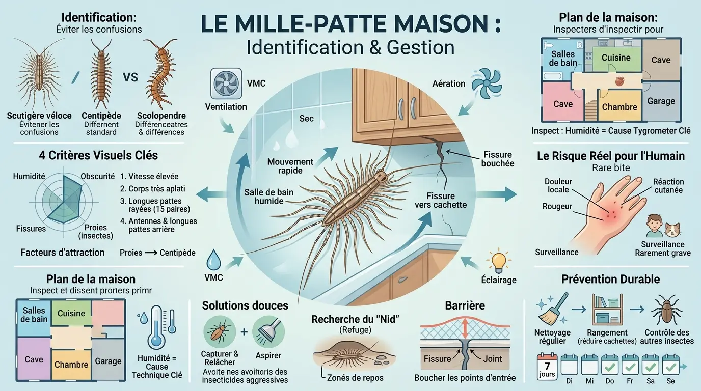 Infographie éducative sur le mille patte maison, montrant son identification, dangers, et prévention dans un environnement de salle de bain.