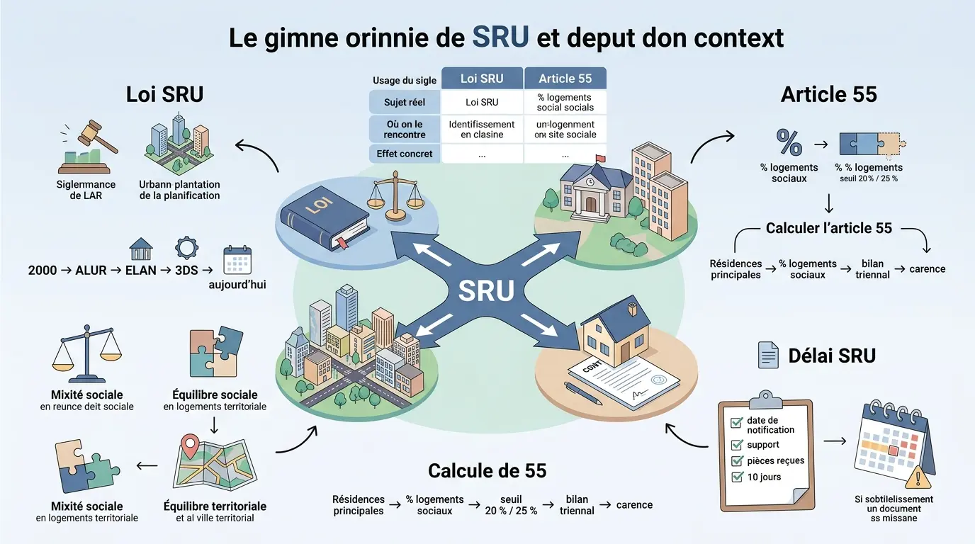 Infographie éducative sur les significations de sru loi, illustrant les contextes urbains, sociaux et contractuels.
