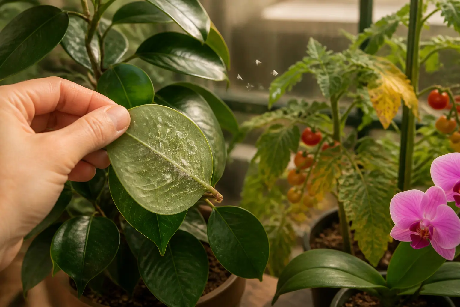 Aleurode mouche blanche sur feuille retournée, insectes et larves visibles, plantes d’intérieur en serre chaude