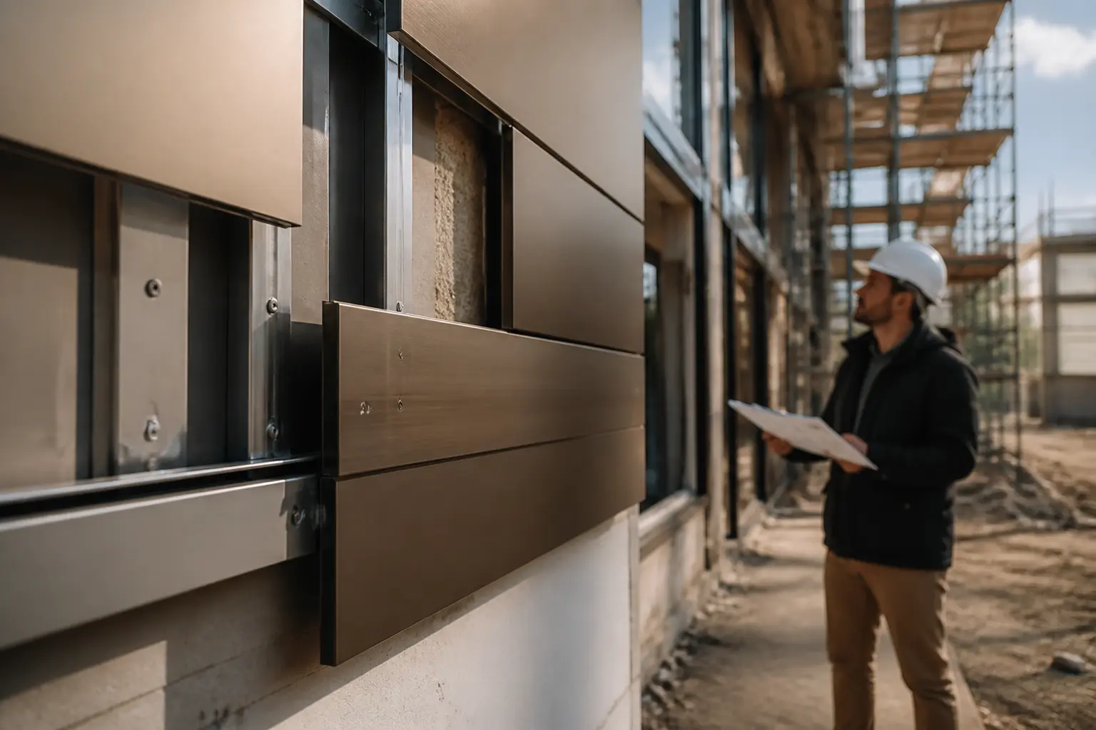 Façade ventilée en rénovation avec panneaux alucobond, fixations visibles, architecte et détails techniques.
