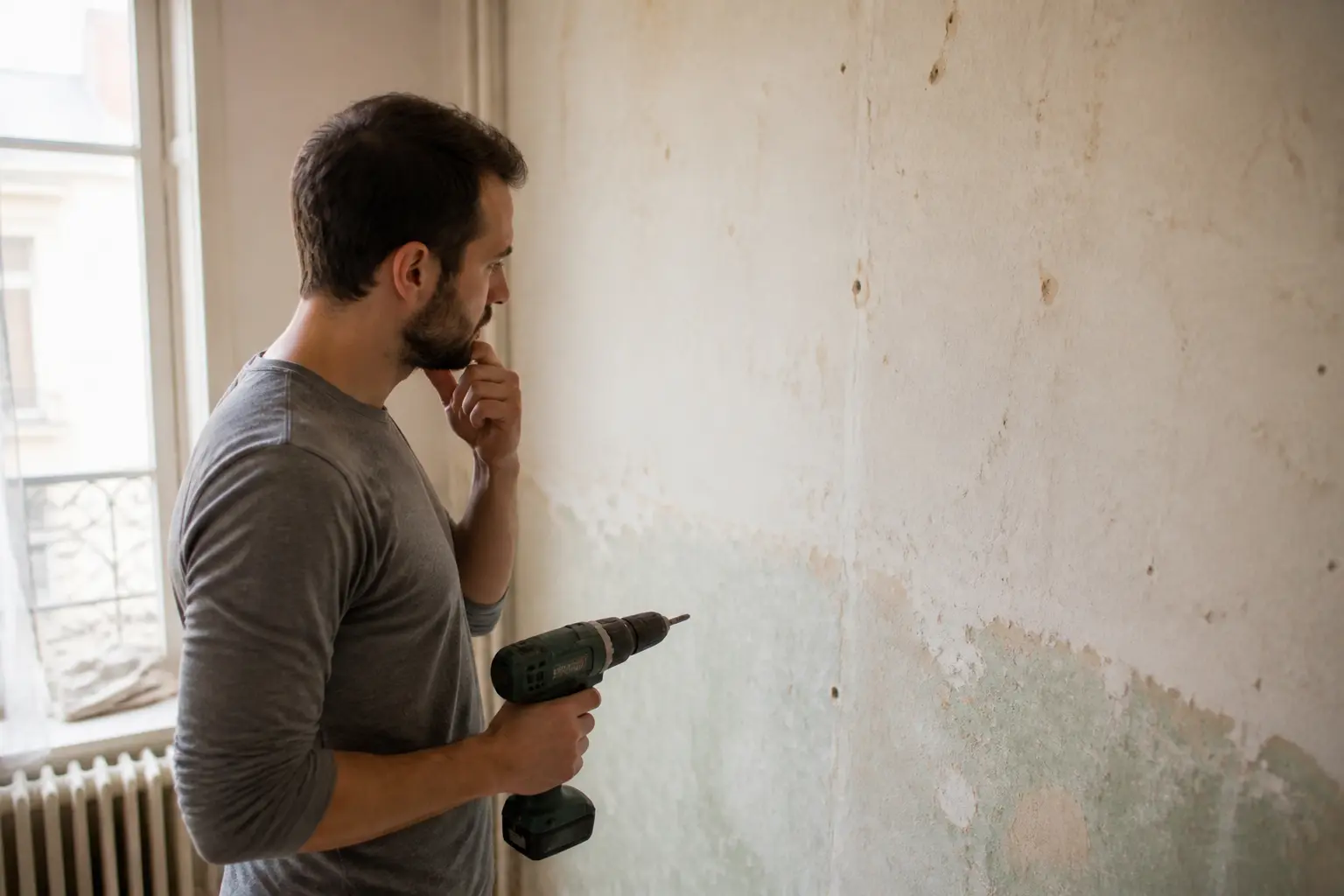 Propriétaire hésitant devant un mur ancien à percer, contexte rénovation et risque d’amiante mur en intérieur