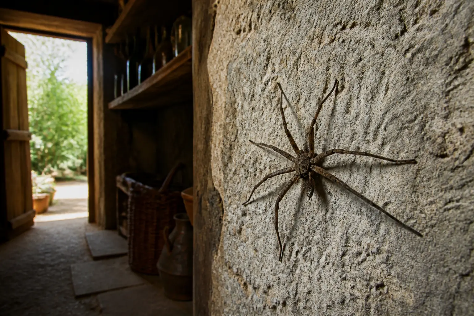 Araignée venimeuse france dans une cave en pierre, grande araignée immobile sur un mur, ambiance réaliste et prudente