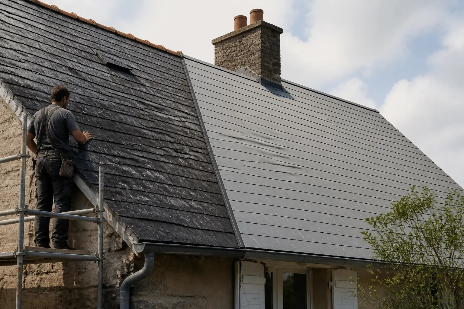 Comparatif ardoise pour toiture : toit en rénovation, ardoise naturelle et fibrociment, couvreur sur échafaudage.