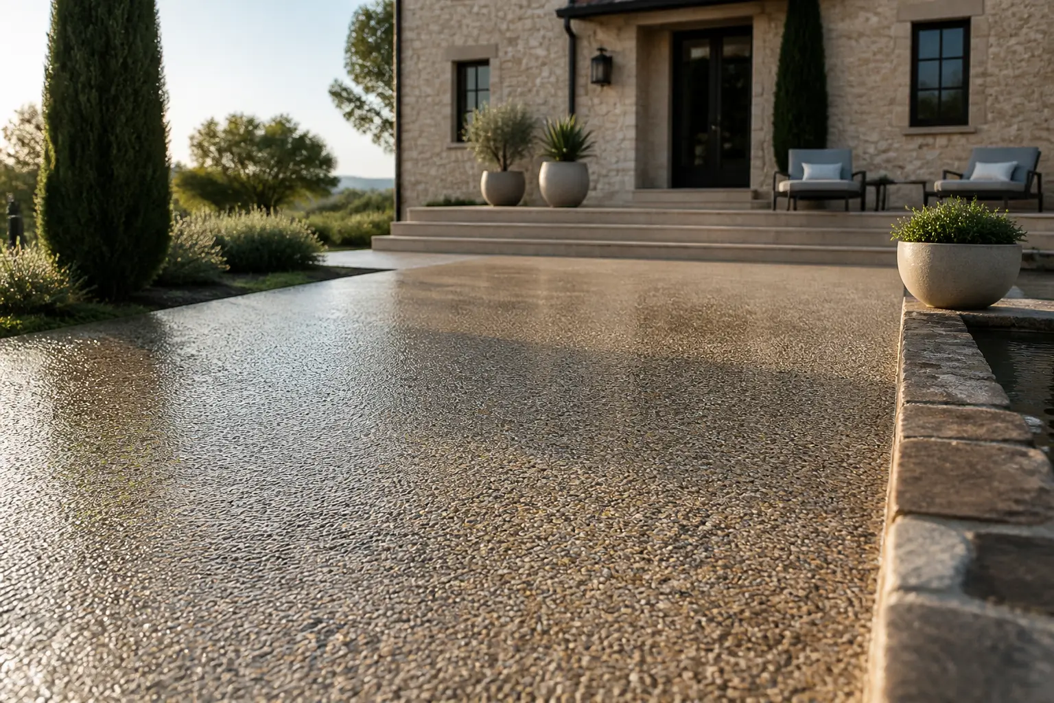 Terrasse et allée en béton desactivé, texture granuleuse avec petits graviers, maison moderne au soleil doux