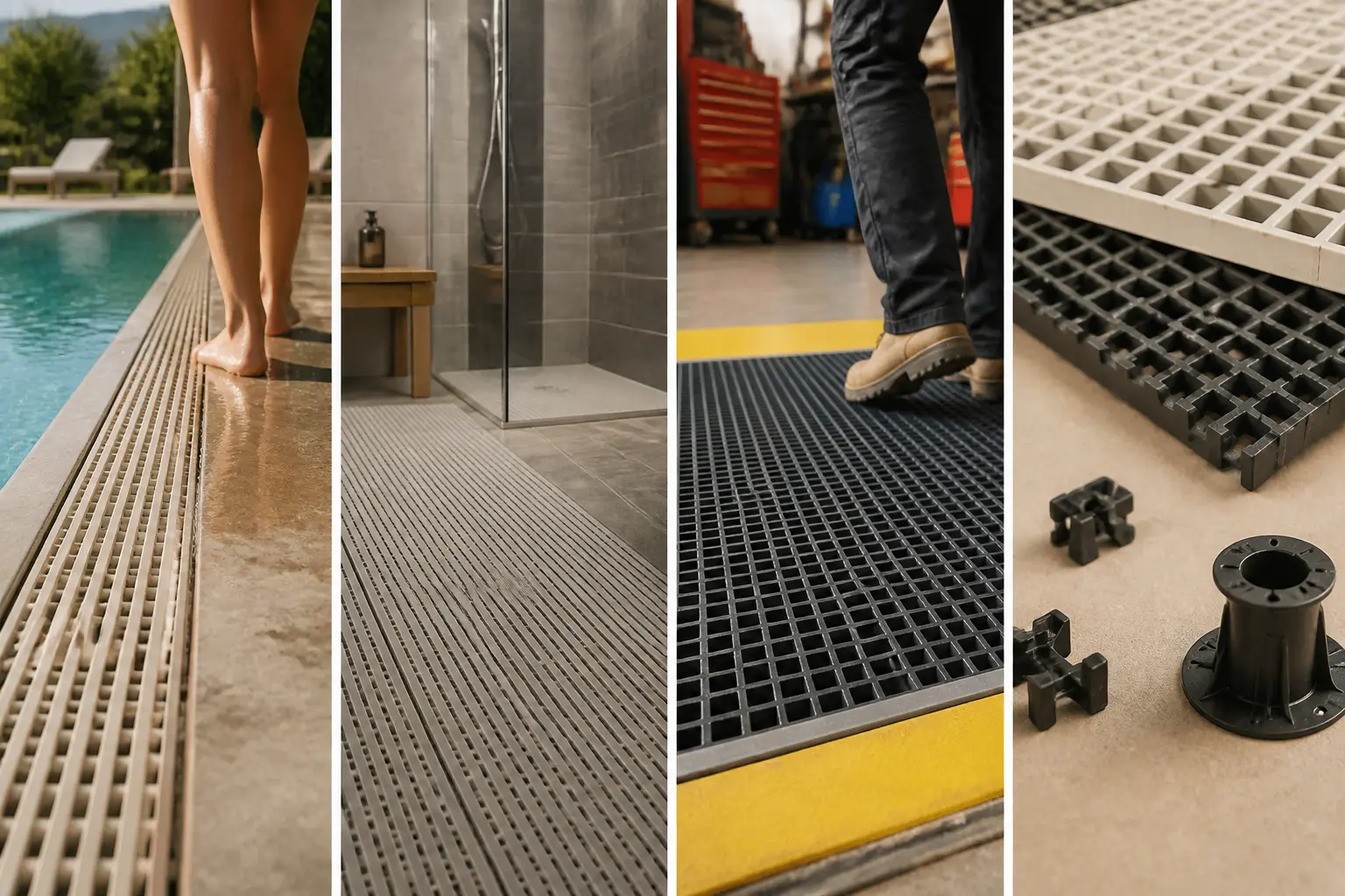 Caillebotis en plastique pour piscine, douche et atelier, avec détails antidérapants et drainage modulaires.