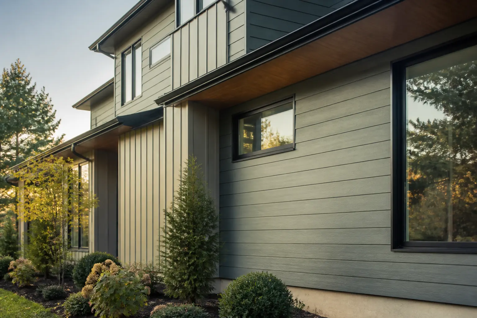 Façade moderne rénovée avec bardage Cedral, panneaux horizontaux et verticaux, lumière naturelle chaleureuse.