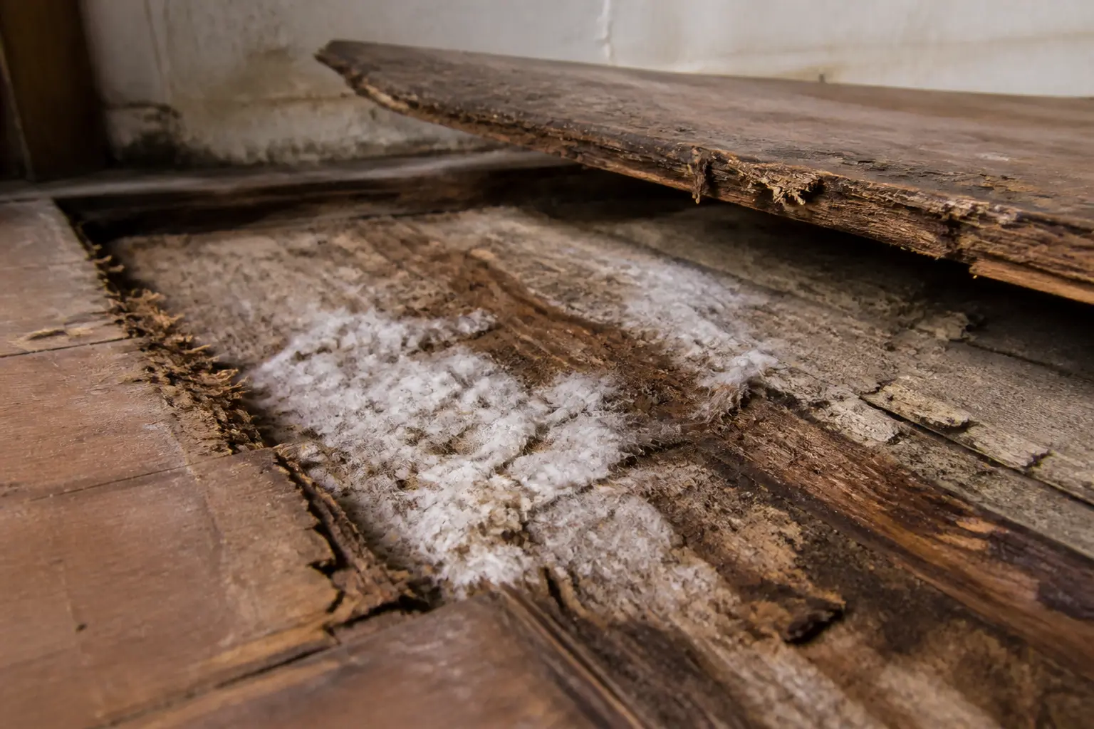 Champignon ressemblant a la merule sous une lame de parquet soulevée, bois humide et filaments blancs dans une maison ancienne