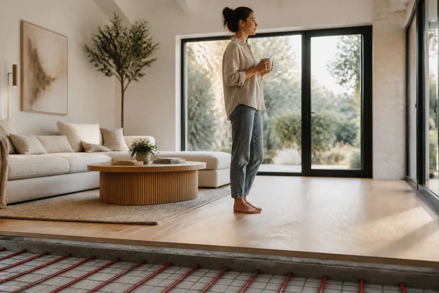 Personne pieds nus dans un salon moderne, chauffage au sol visible en coupe, ambiance chaleureuse et lumineuse