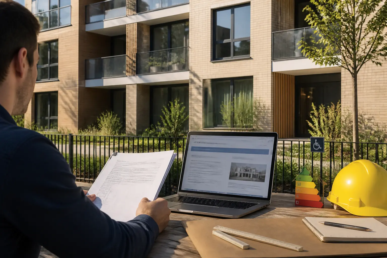 Façade d’immeuble et personne consultant le code de la construction et de l'habitation sur un bureau professionnel