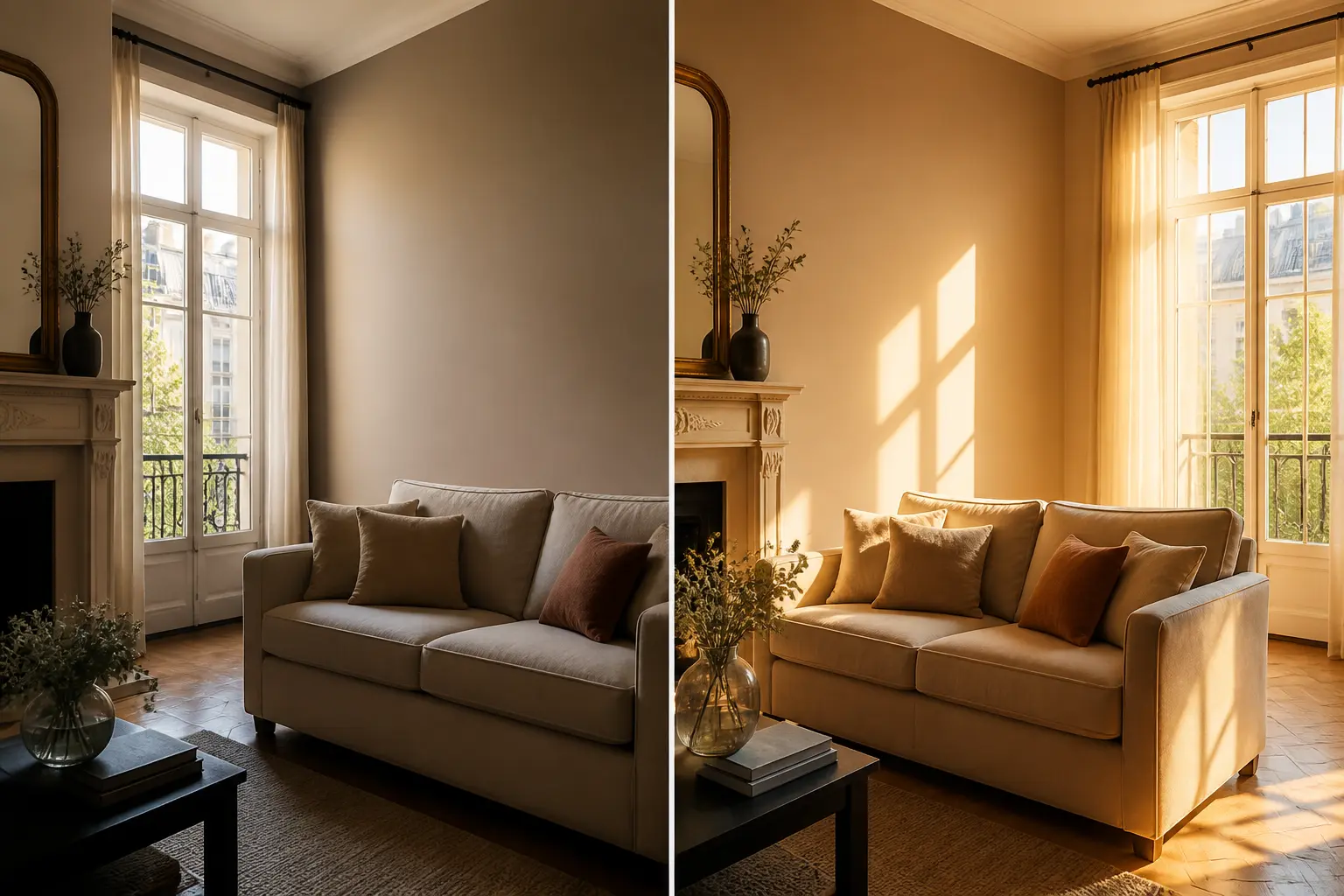 Salon français élégant avec couleur du mur du salon en ton chaud, lumière naturelle et déco cosy harmonieuse