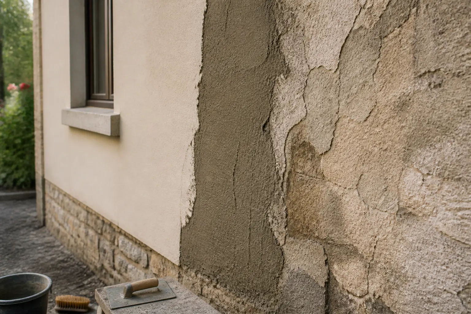 Inspection d’un mur avec crepi extérieur, façade rénovée contrastant avec un enduit ancien fissuré, outils visibles