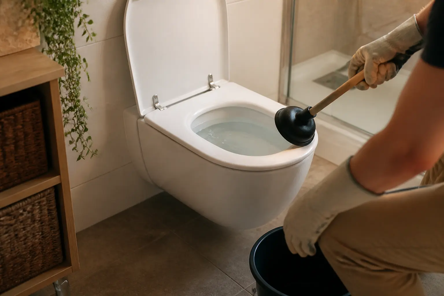 Déboucher des toilettes dans une salle de bain moderne, avec WC partiellement bouché, ventouse et seau à portée de main