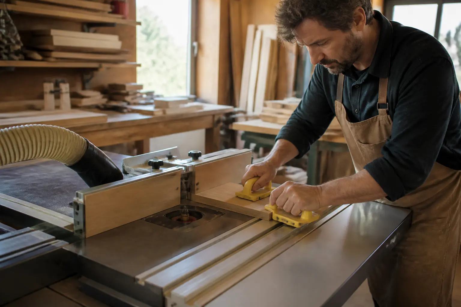 Artisan utilisant une défonceuse sur table pour guider une planche avec précision dans un atelier bois lumineux.