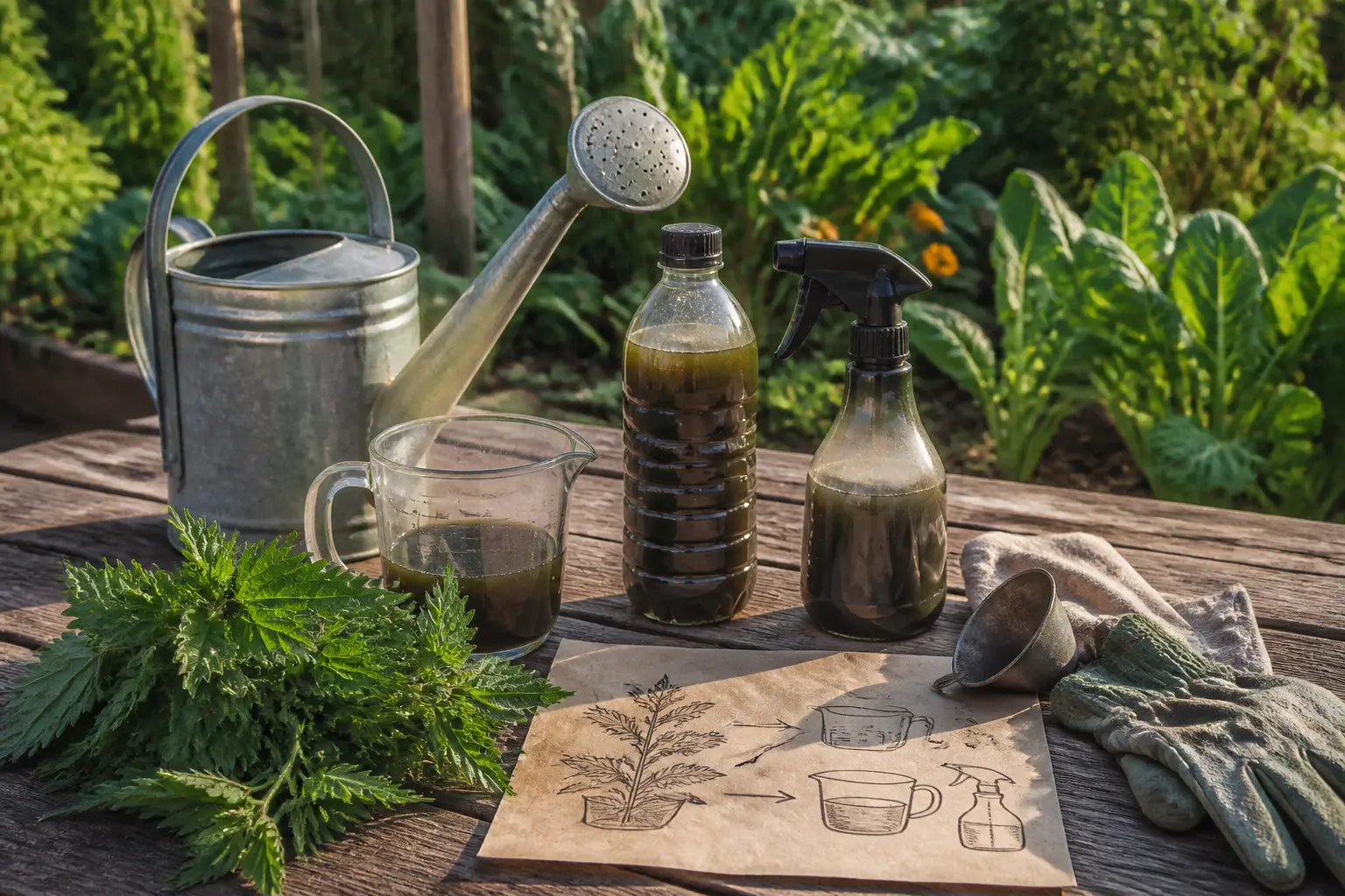 Dosage purin d'ortie pour 1l d'eau : arrosoir, pulvérisateur, orties fraîches et mesure sur table rustique au jardin