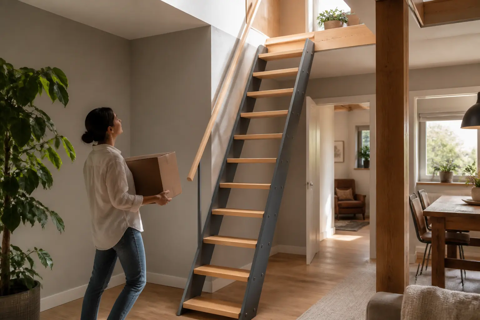 echelle de menier compacte dans un intérieur moderne, menant à une mezzanine, design sûr et gain de place