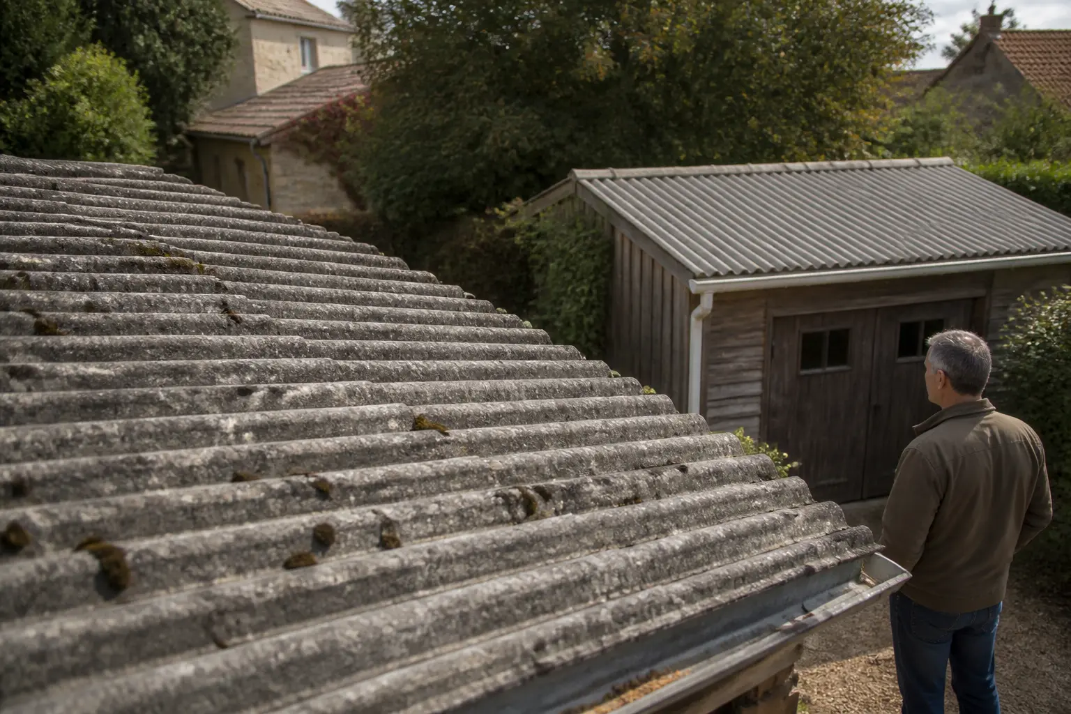 Toiture en eternit vieillie sur garage de jardin, propriétaire observant la couverture avec prudence.