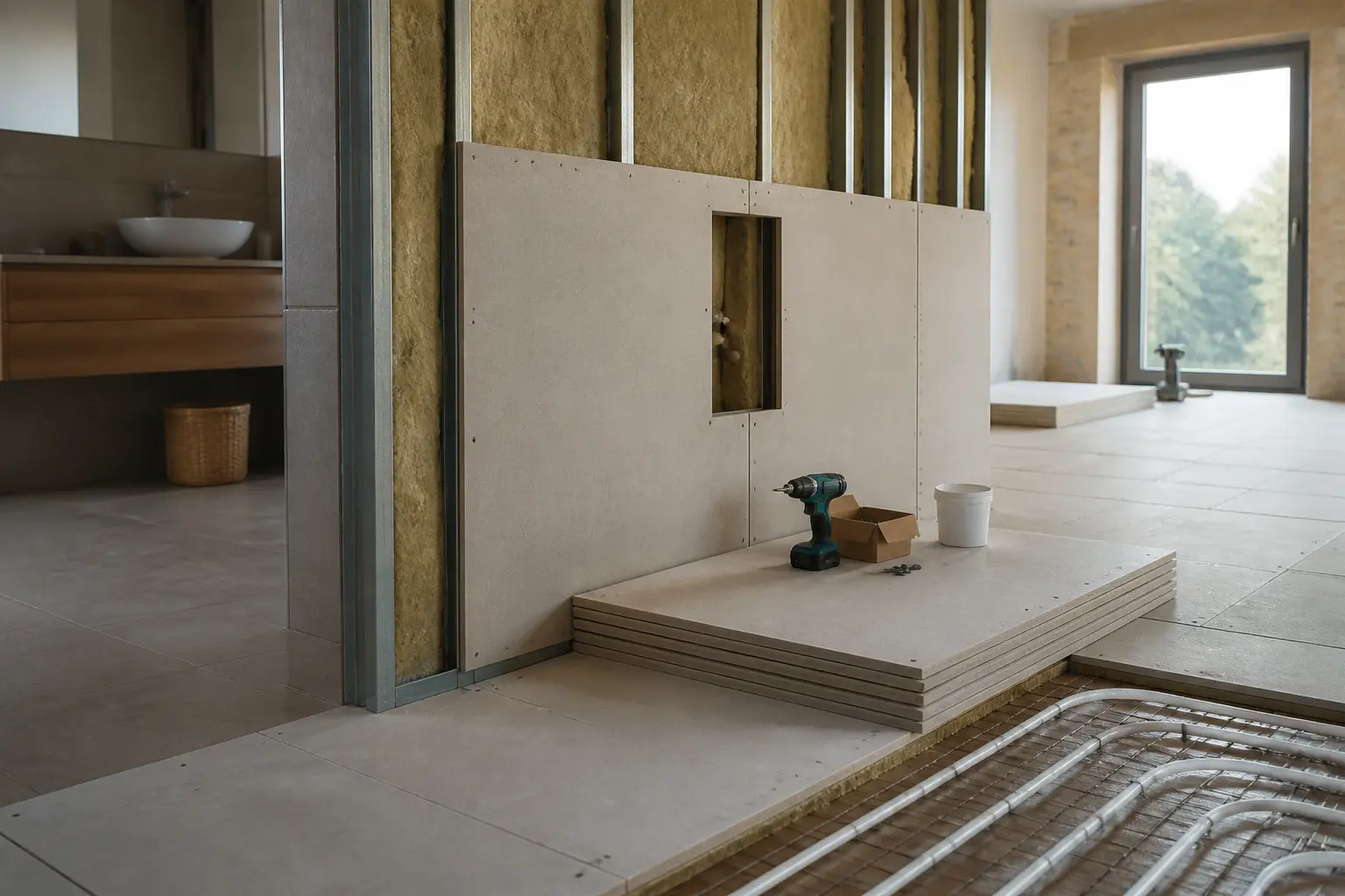Intérieur en rénovation avec cloison fermacelle, panneaux fibre-gypse, sol sec, outils et chauffage au sol en préparation