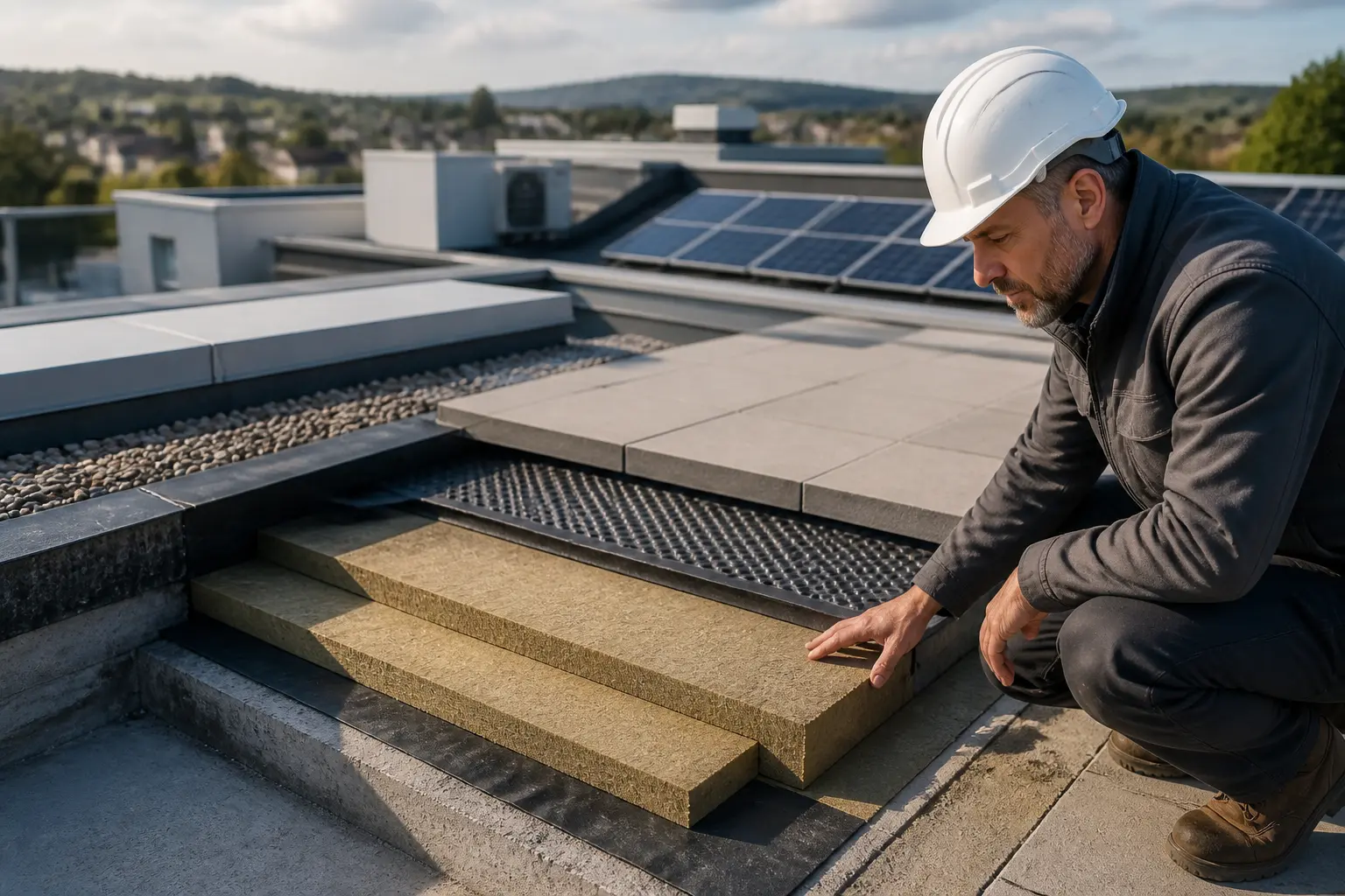 Foamglas sur toiture-terrasse moderne, ouvrier inspectant l’isolation rigide sous étanchéité, chantier premium durable