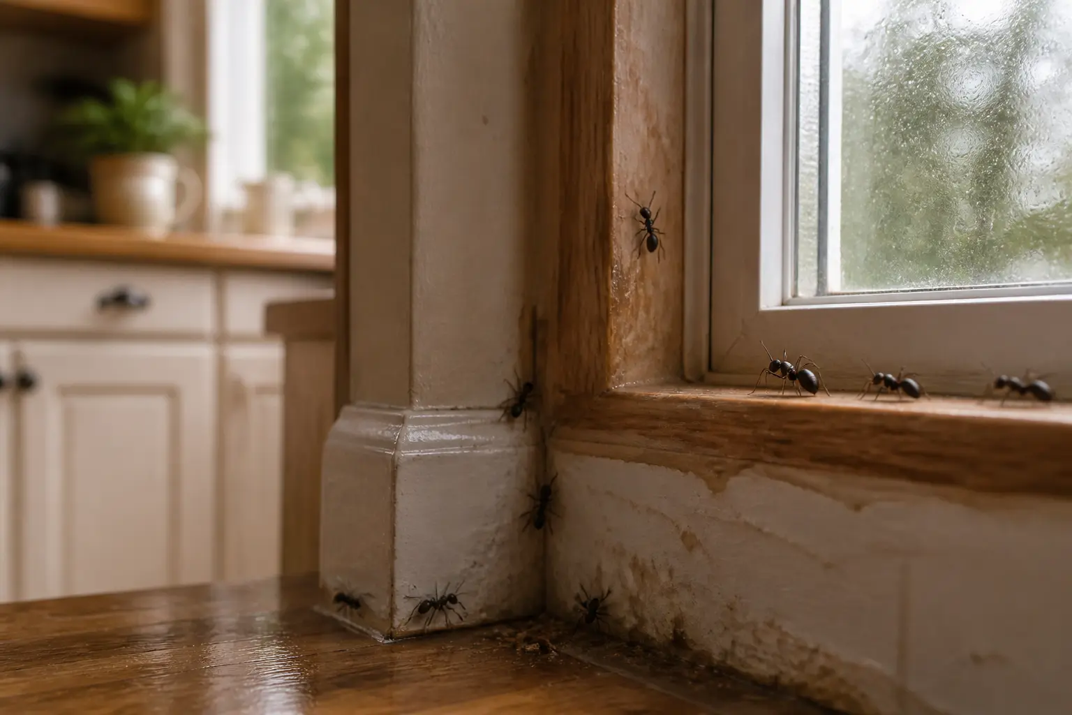 Fourmi charpentière sur un cadre de fenêtre humide et une plinthe en bois dans une cuisine, signes d’infestation.