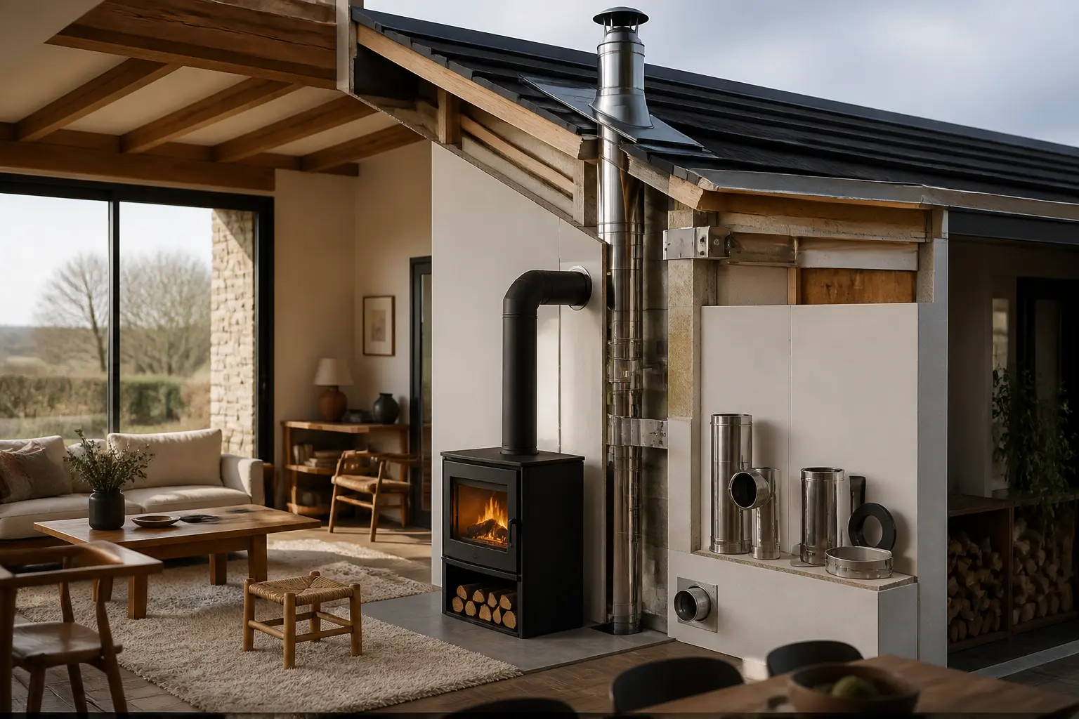 Fumisterie poele a bois : poêle à bois, conduit noir, tubage inox, sortie toiture et accessoires dans intérieur moderne chaleureux