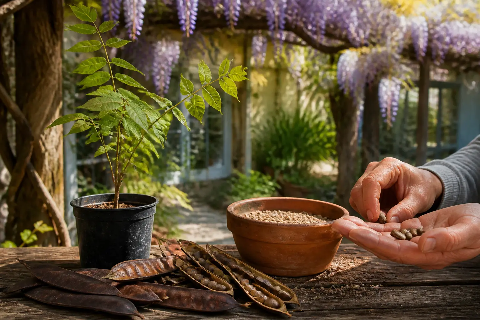 Graine de glycine sur table de jardin, mains du jardinier, jeunes plants et gousses, pergola fleurie en fond