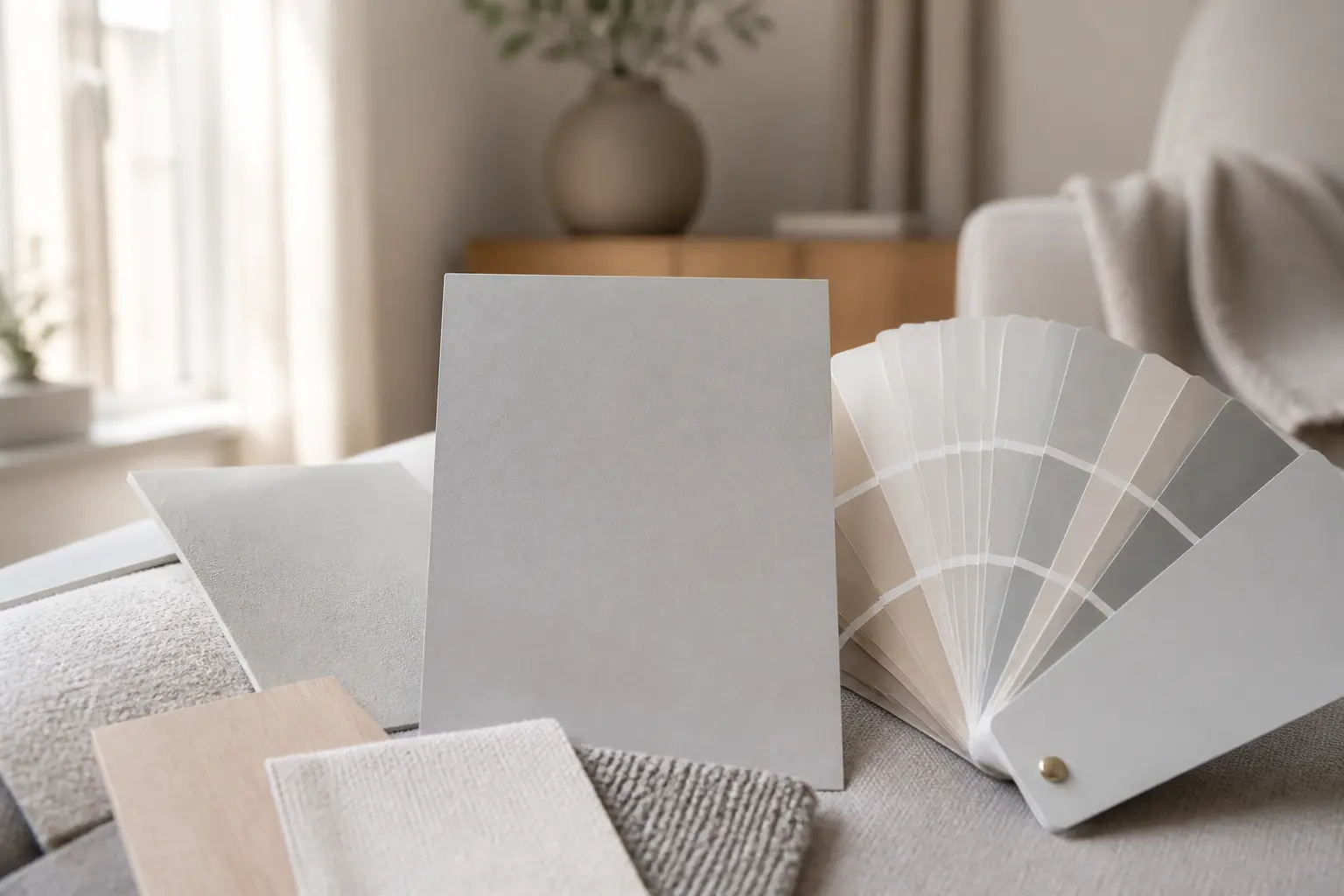 Nuances de gris clair sur nuancier, échantillons de matières et intérieur minimaliste en lumière naturelle