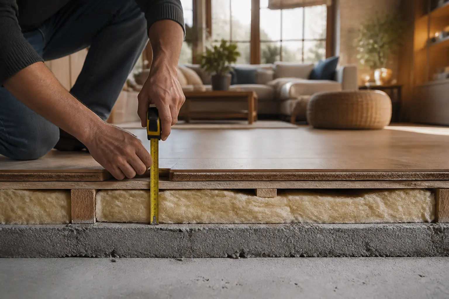 Isolation thermique des sols dans un salon rénové, plancher ouvert avec isolant visible et artisan mesurant l’épaisseur.