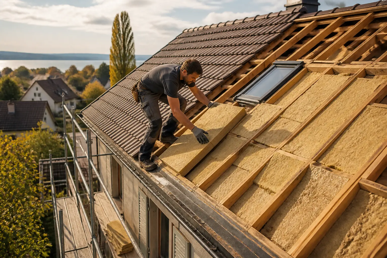 isoler toit par l'extérieur : couvreur posant l’isolation sur toiture en rénovation, maison française, échafaudage visible