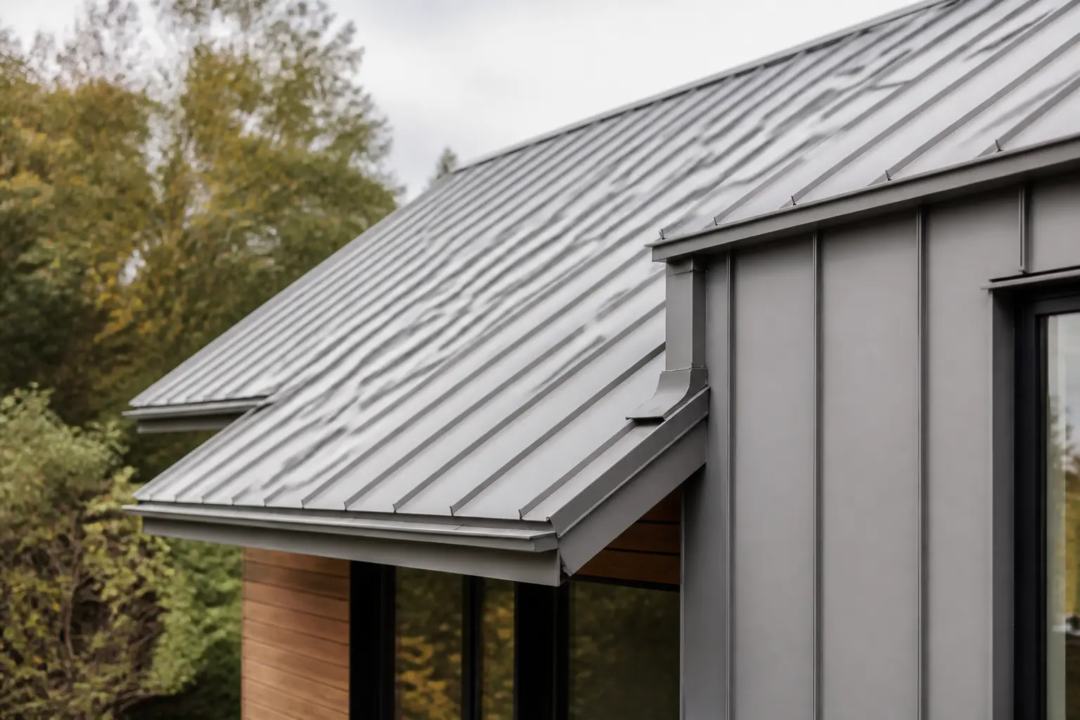 Toiture moderne en joint debout en zinc avec façade partielle, lignes nettes et finition gris mat élégante
