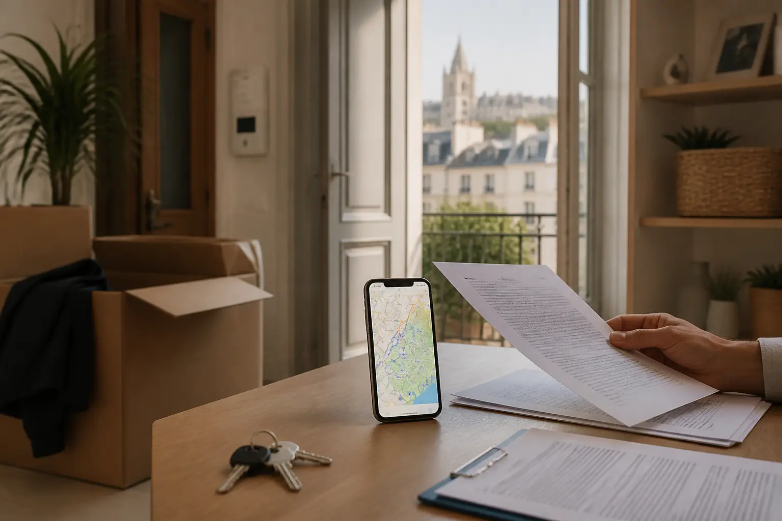 liste des villes en zone tendue 2026 : clés, bail et smartphone devant un appartement urbain français