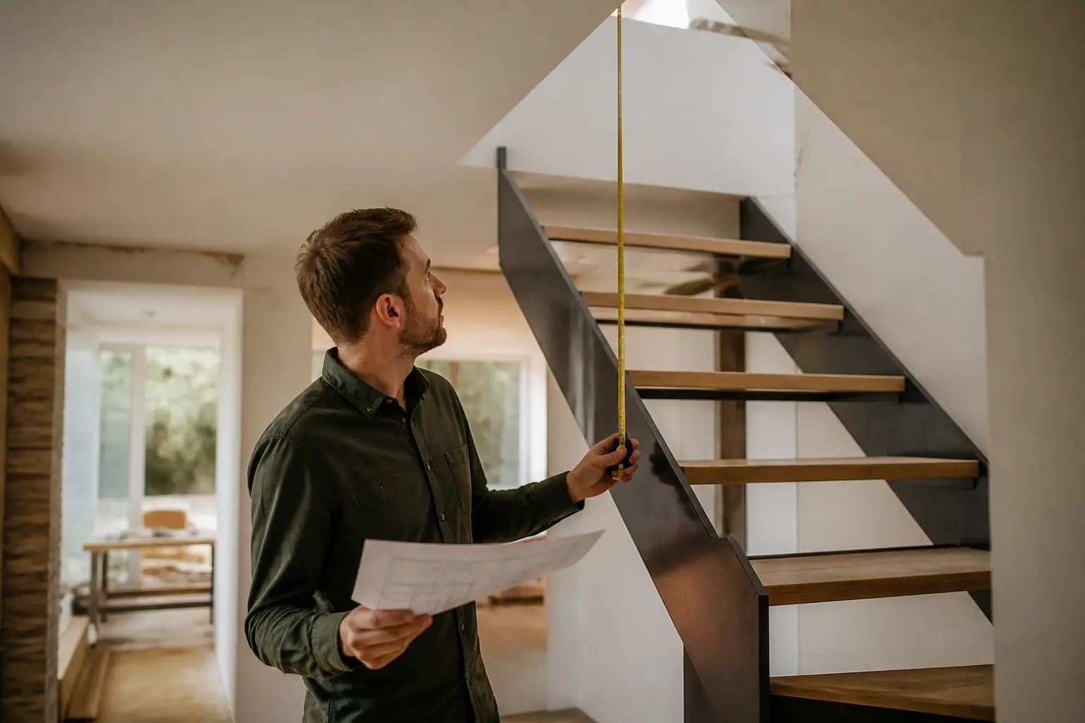 Loi de Blondel : architecte mesurant un escalier en rénovation, proportions, giron et hauteur à vérifier.