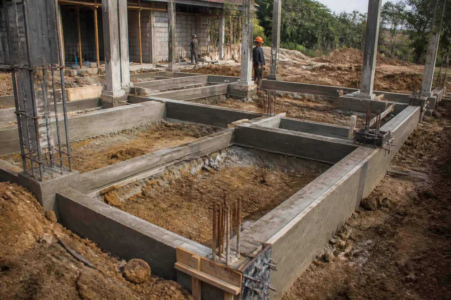 Longrine en béton sur chantier de maison, fondations armées, coffrage, ouvriers vérifiant l’alignement et le niveau