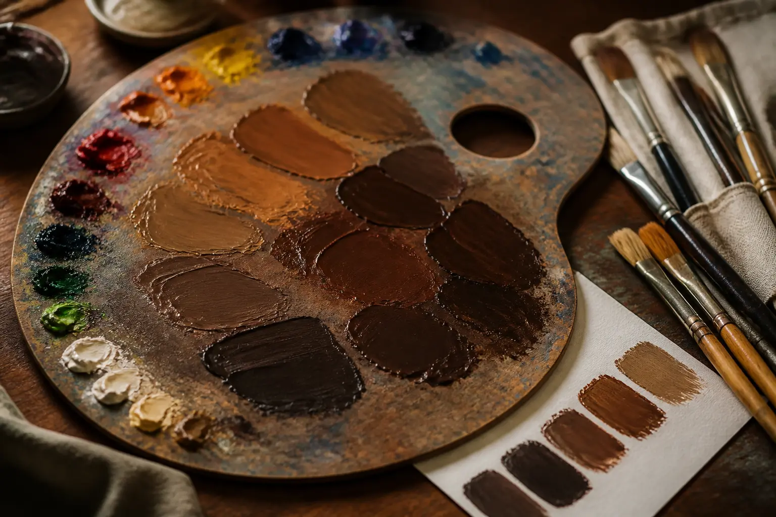 Palette de peintre avec échantillons de marron peinture, nuances caramel à chocolat, sur table en bois, lumière douce