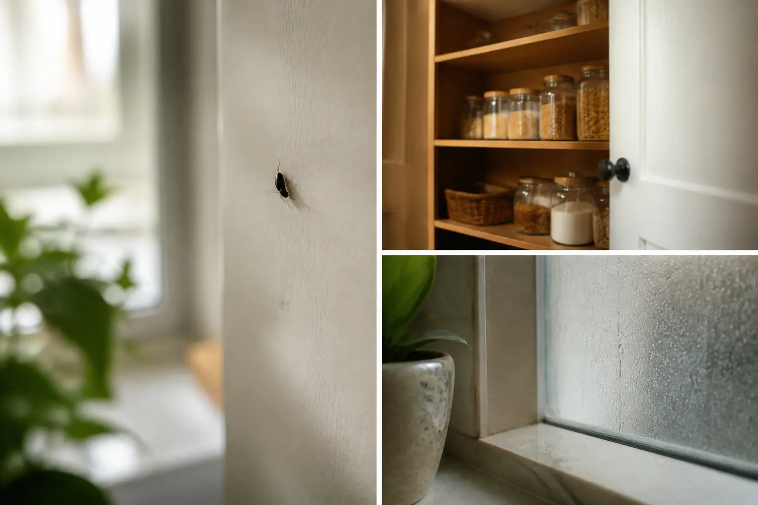 Minuscule insecte noir tres petit sur un mur, cuisine et salle de bain en arrière-plan, ambiance d’inspection domestique