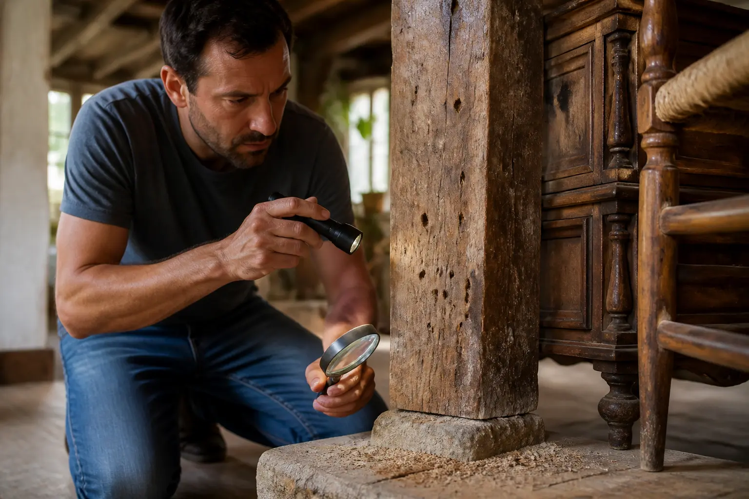 Inspection d’une poutre et d’un meuble ancien touchés par la mite du bois, trous et vermoulure visibles.