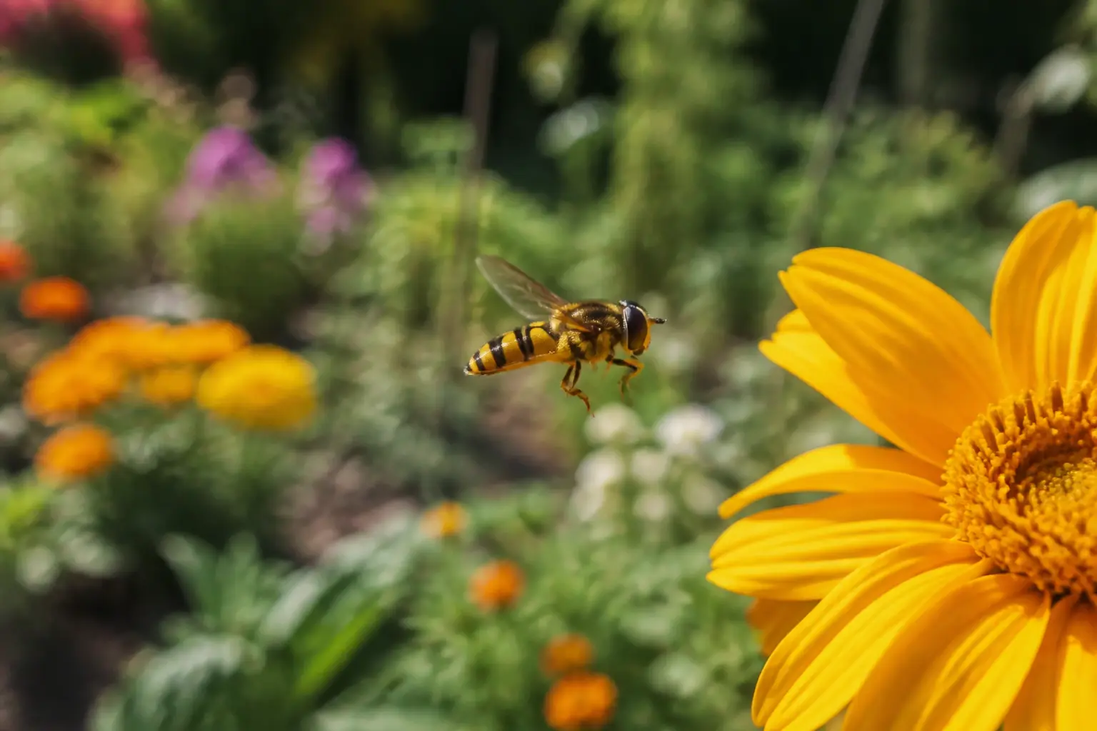 Mouche jaune et noire en gros plan sur une fleur, dans un jardin verdoyant, ambiance estivale et naturelle