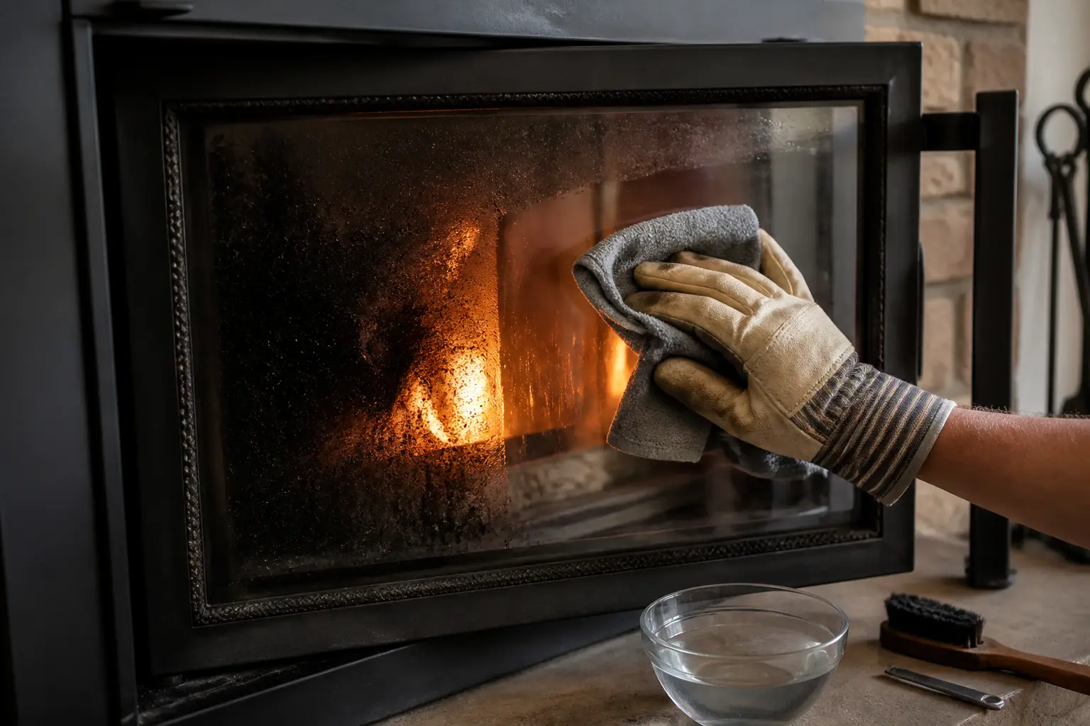 Nettoyer vitre cheminée : main gantée nettoyant la vitre d’un insert à bois, suie visible et feu doux en arrière-plan