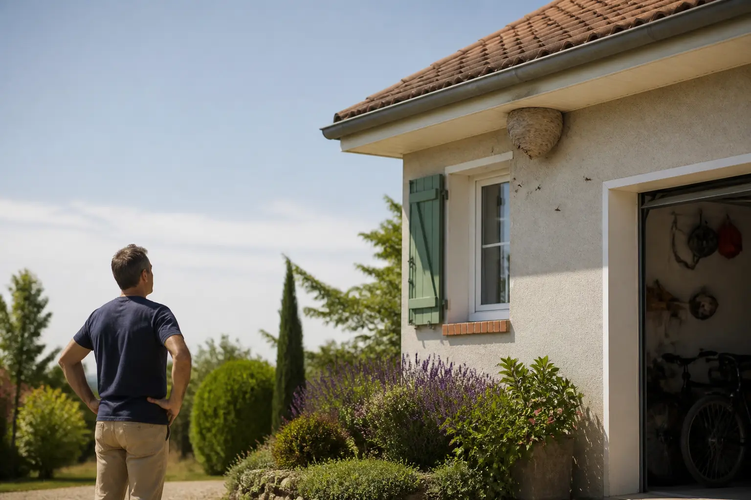 Maison de banlieue avec nid de guêpe sous l’avant-toit, propriétaire à distance, lumière d’été naturelle.