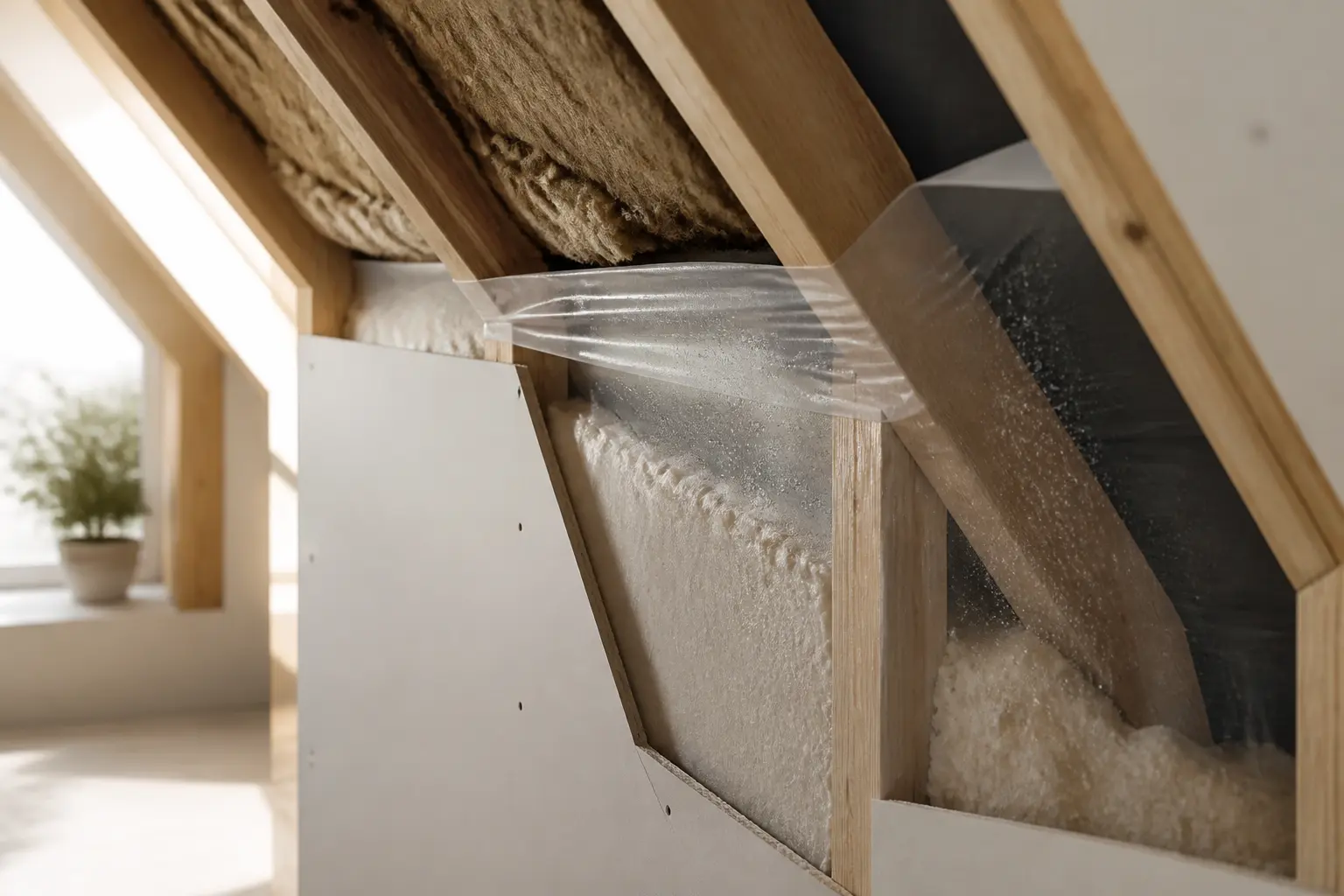 Pare vapeur isolation dans une paroi intérieure avec isolant, ossature bois et membrane contre l’humidité, style rénovation