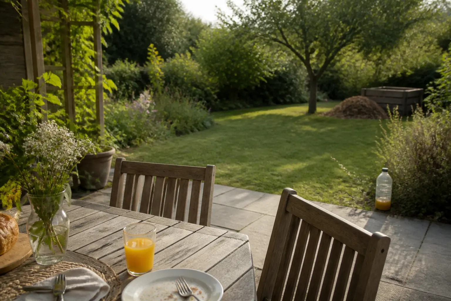 Terrasse de jardin avec piege pour guepe discret, table dressée, jus, miettes et guêpes au loin près des arbres fruitiers
