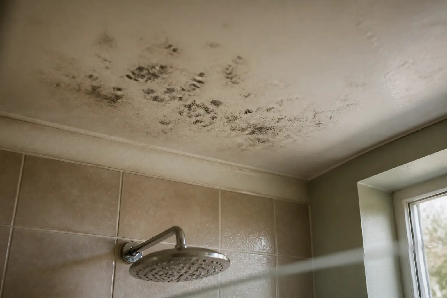 Plafond moisissures dans une salle de bain française, taches d’humidité au-dessus de la douche, dégâts d’eau visibles