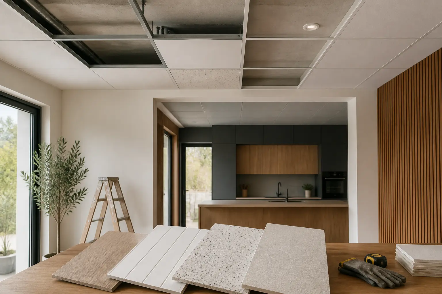 Plaques plafond dans un intérieur rénové, plafond suspendu modulable, matériaux variés et ambiance chantier soignée