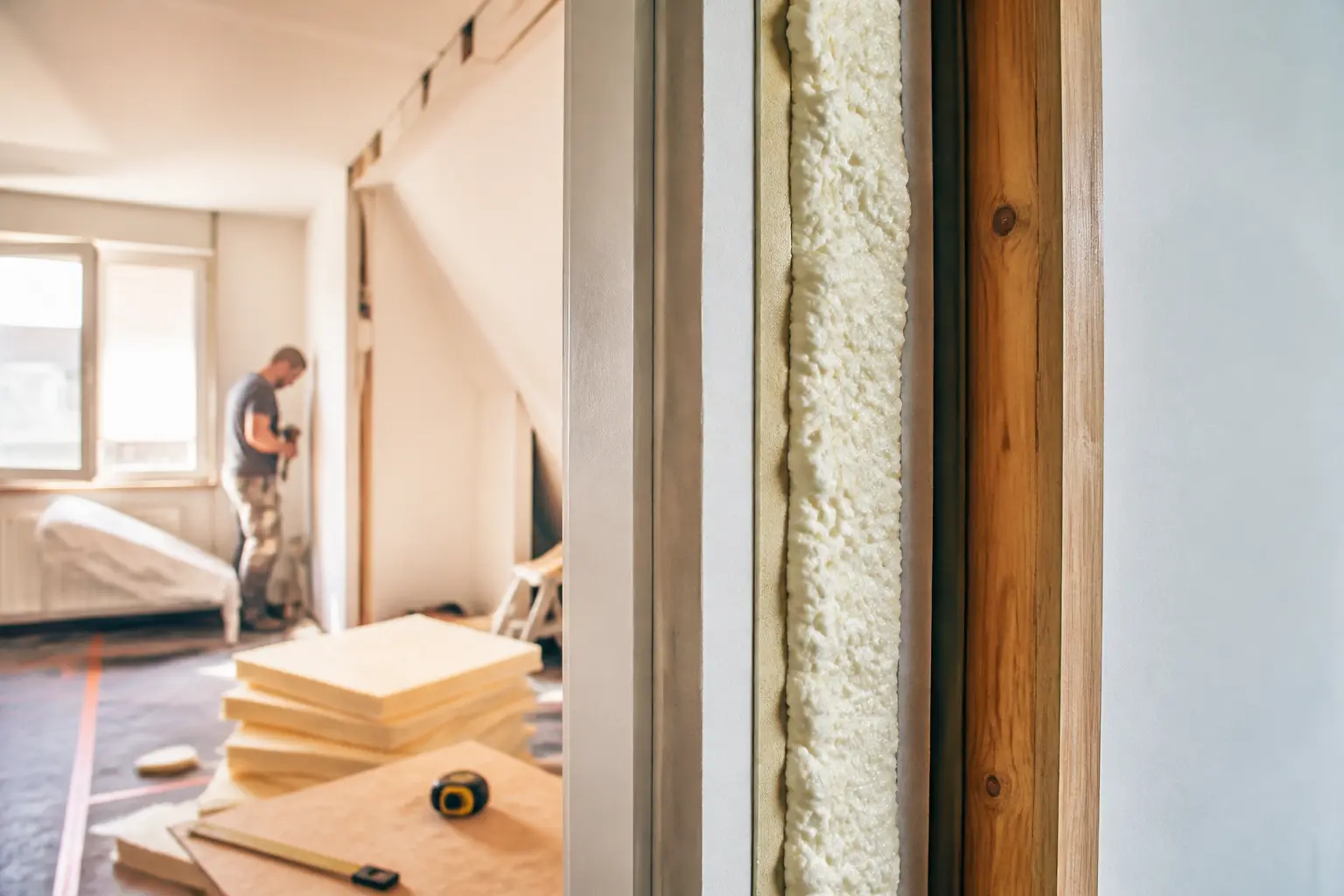 Polyuréthane isolation dans une rénovation intérieure, panneaux rigides et mousse projetée dans un mur d’appartement compact.