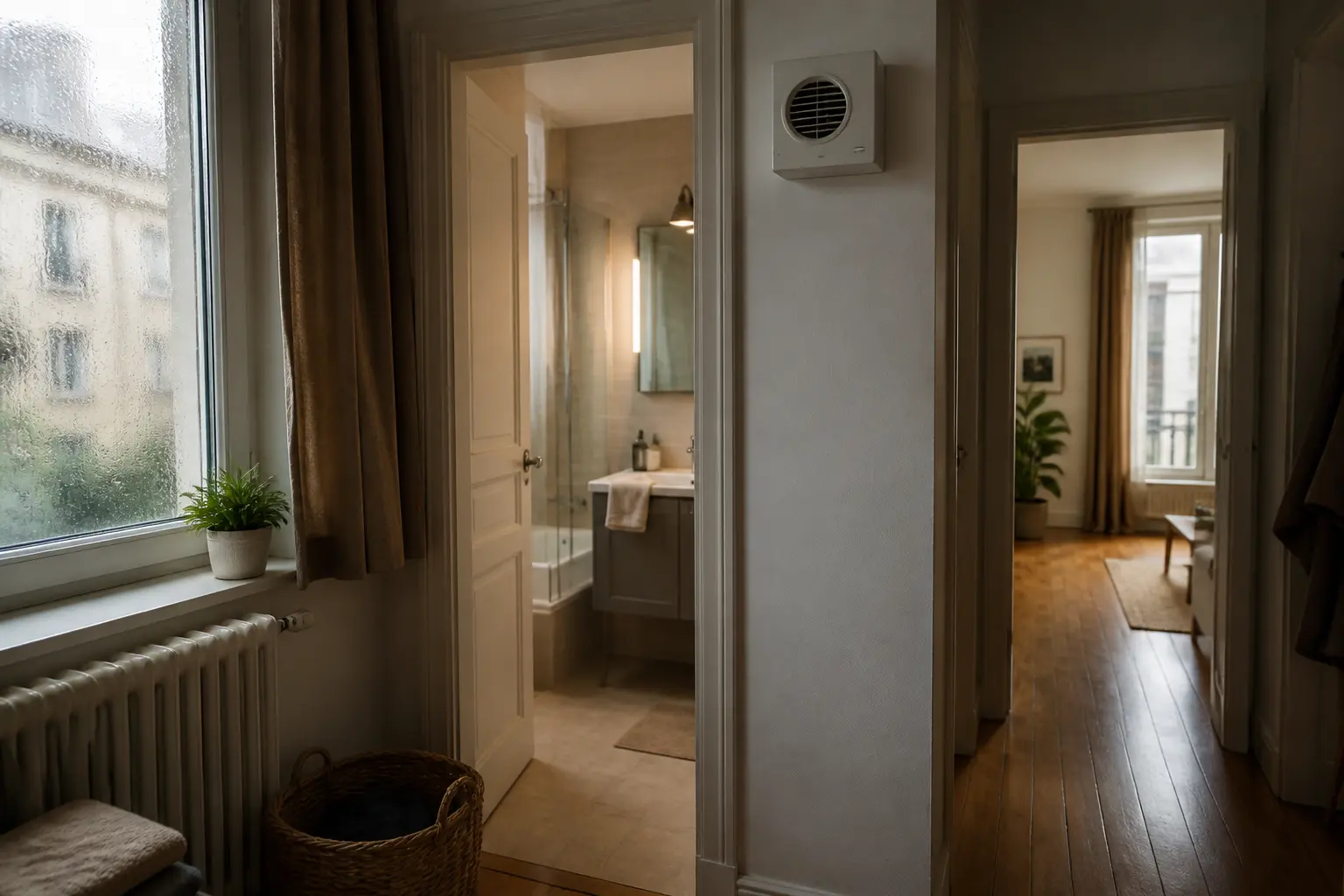 Intérieur de maison française avec ventilation discrète, humidité et fenêtre embuée, illustrant vmc ou vmi