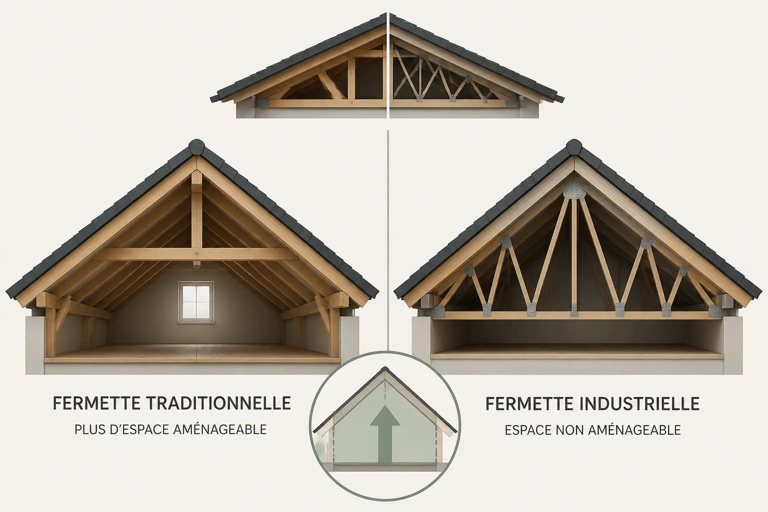 Fermette ou charpente traditionnelle : ce que vous gagnez, et ce que vous perdez